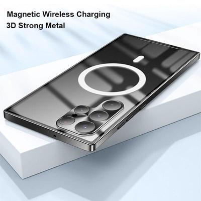 Металлический чехол с магнитной беспроводной зарядкой для Samsung S24 S23 S22 Ultra S21 S20 FE/iphone 15 14 13 12 11 Pro max, алюминиевый бампер, прозрачная крышка