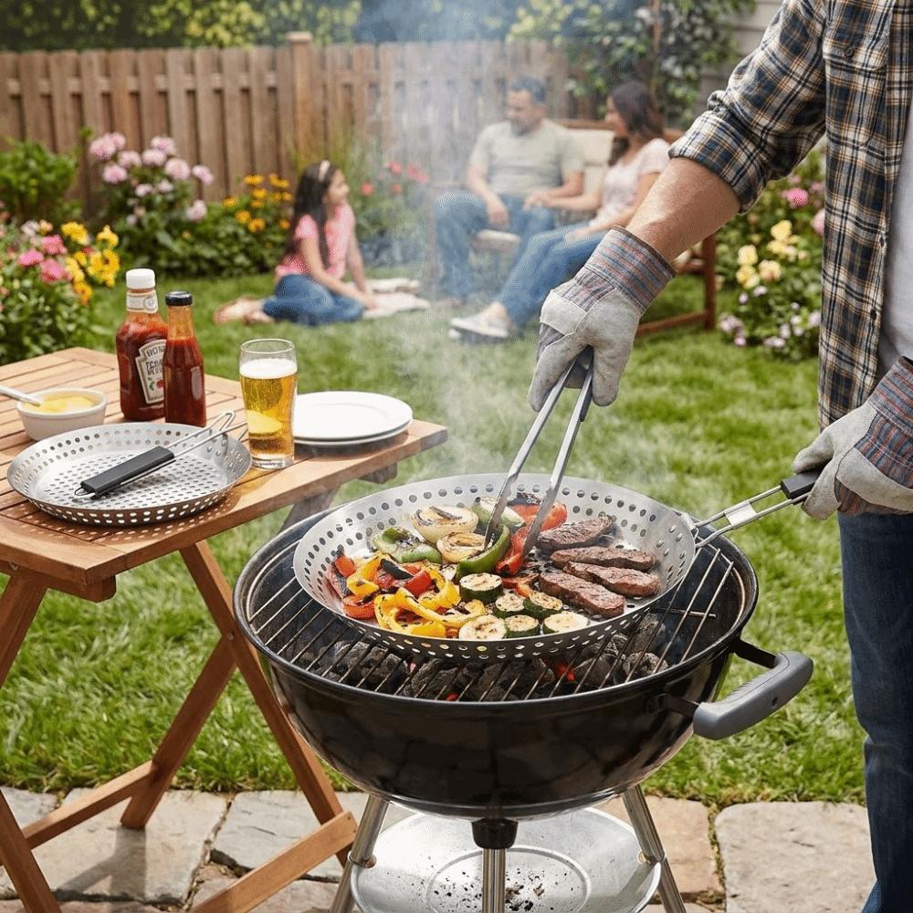 Circular BBQ Plate Folding Wood Handle Grill Fry Pan Portable Barbecue Tray  Outdoor Barbecue