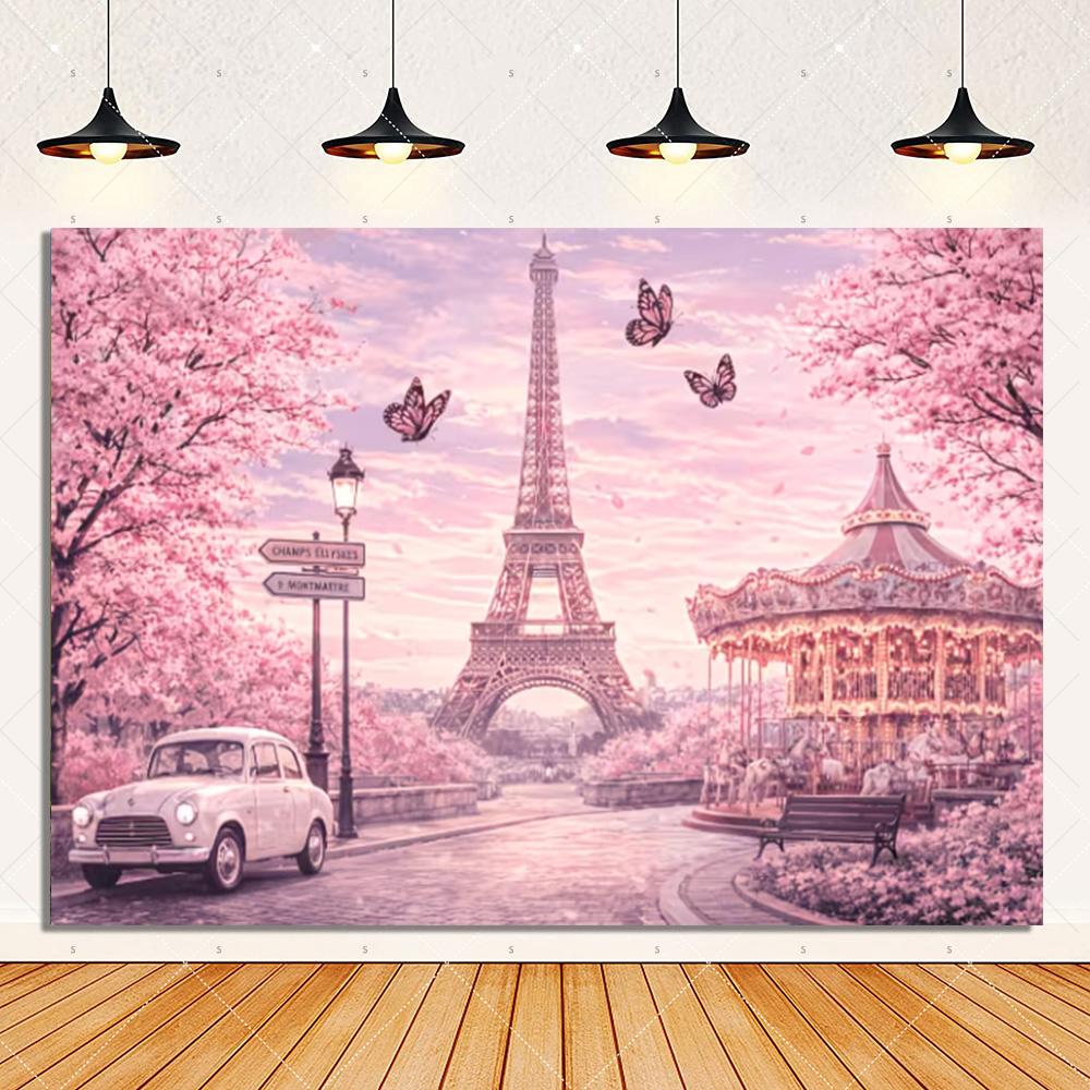 Cityscape Backdrop with French Eiffel Tower, Flower Lake Party Decorations, Wedding Birthday Supplies, Accessory Banner2030