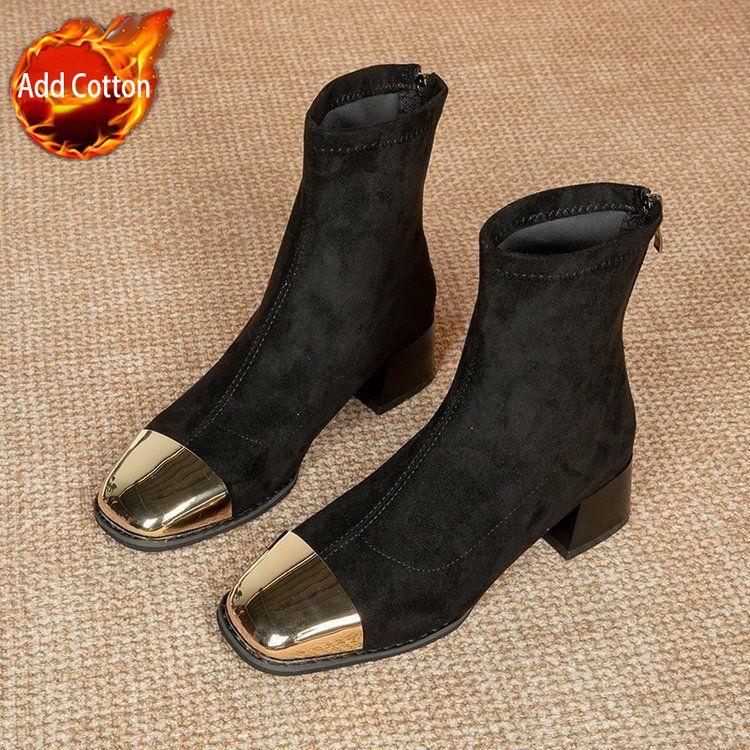 Модные Осенне-Зимние Элегантные Женские Ботильоны на Среднем Каблуке с Квадратным Носком, Теплые Женские Короткие Ботинки Большого Размера, Удобные Ботильоны
