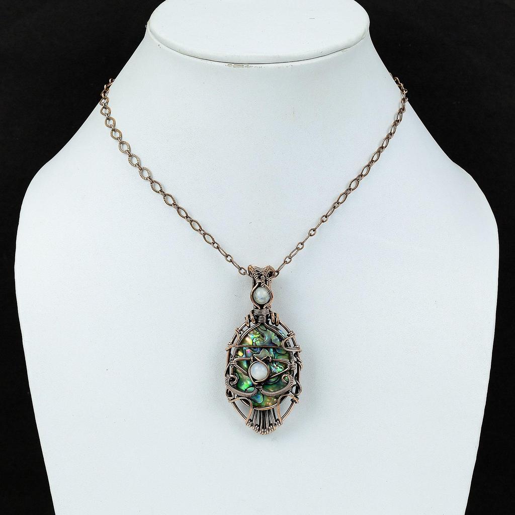 Подвеска из ракушки морского ушка с дурным глазом, подвеска из радужного лунного камня, подвеска из медной проволоки, ювелирные изделия из настоящего драгоценного камня, подвеска ручной работы, подарок на помолвку