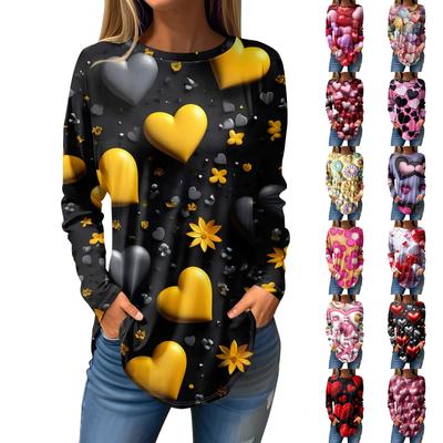 Футболки для женщин Повседневные рубашки с круглым вырезом и длинным рукавом с принтом ко Дню святого Валентина Топ-пуловер