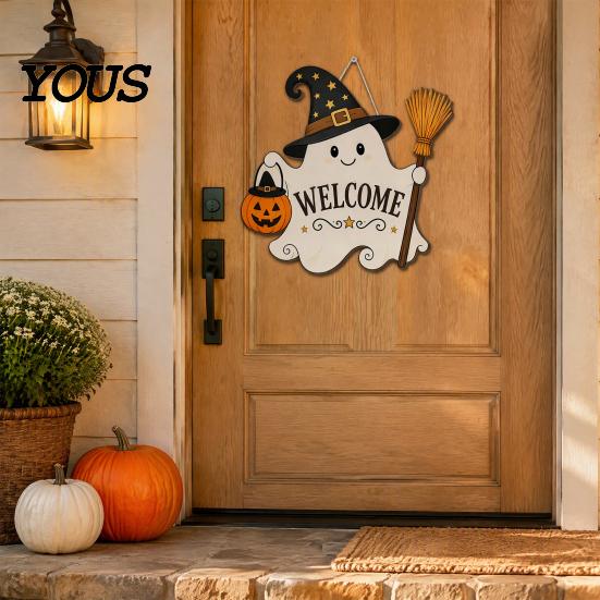 Wooden Welcome Sign Halloween Ghost for Front Door, Rustic Cartoon Hanging Entryway Wall Plaque with Pumpkin Wizard Hat And Broom Holiday Party