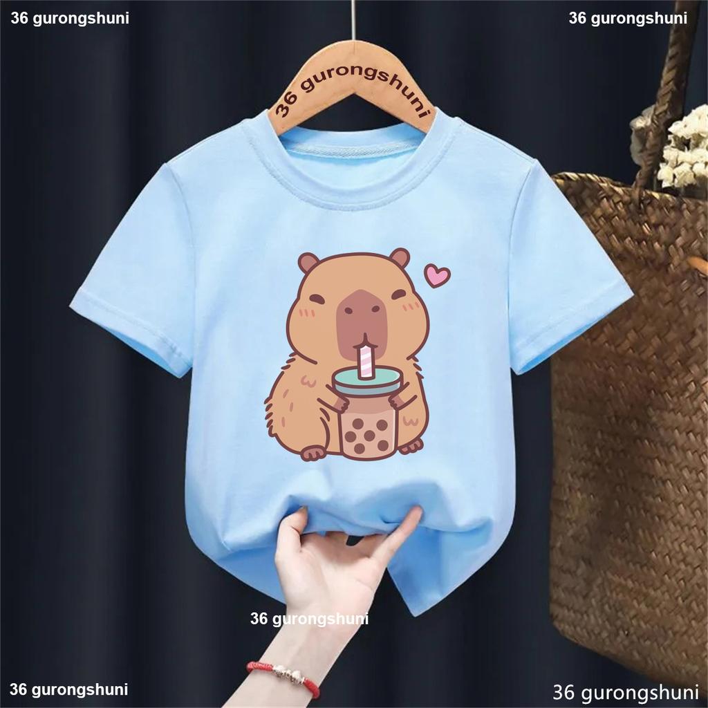 Funny T Shirt Capybara With Turtle Loves Bubble Milk Tea Printed T Shirt Girls/Boys Kawaii Kids Clothes Harajuku Shirt Tops
