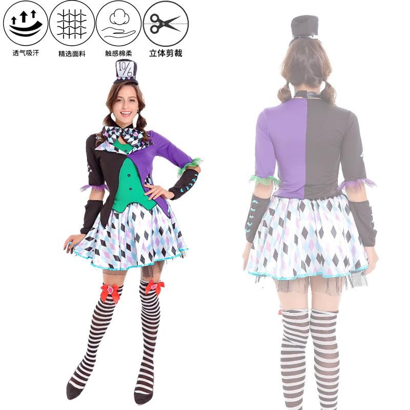 Halloween Alice Mad Hatter Circus Clown Costume Womens Party Cosplay Outfit Stage Performance Set