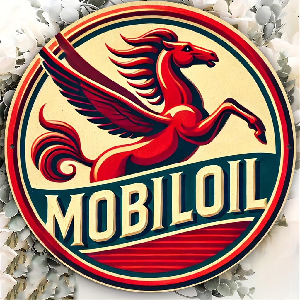 Vintage Mobil Oil Pegasus Metal Sign Retro Round Wall Art Garage Automotive Decor