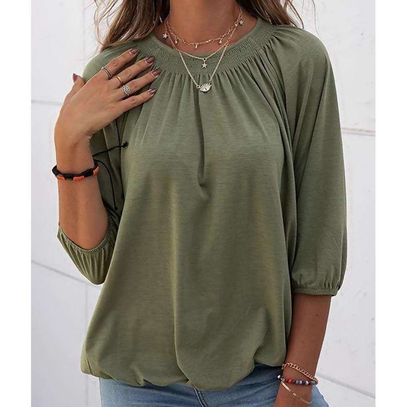 Новинка 2024 года, осенний женский повседневный свободный плиссированный однотонный пуловер с круглым вырезом и рукавом три четверти, топ