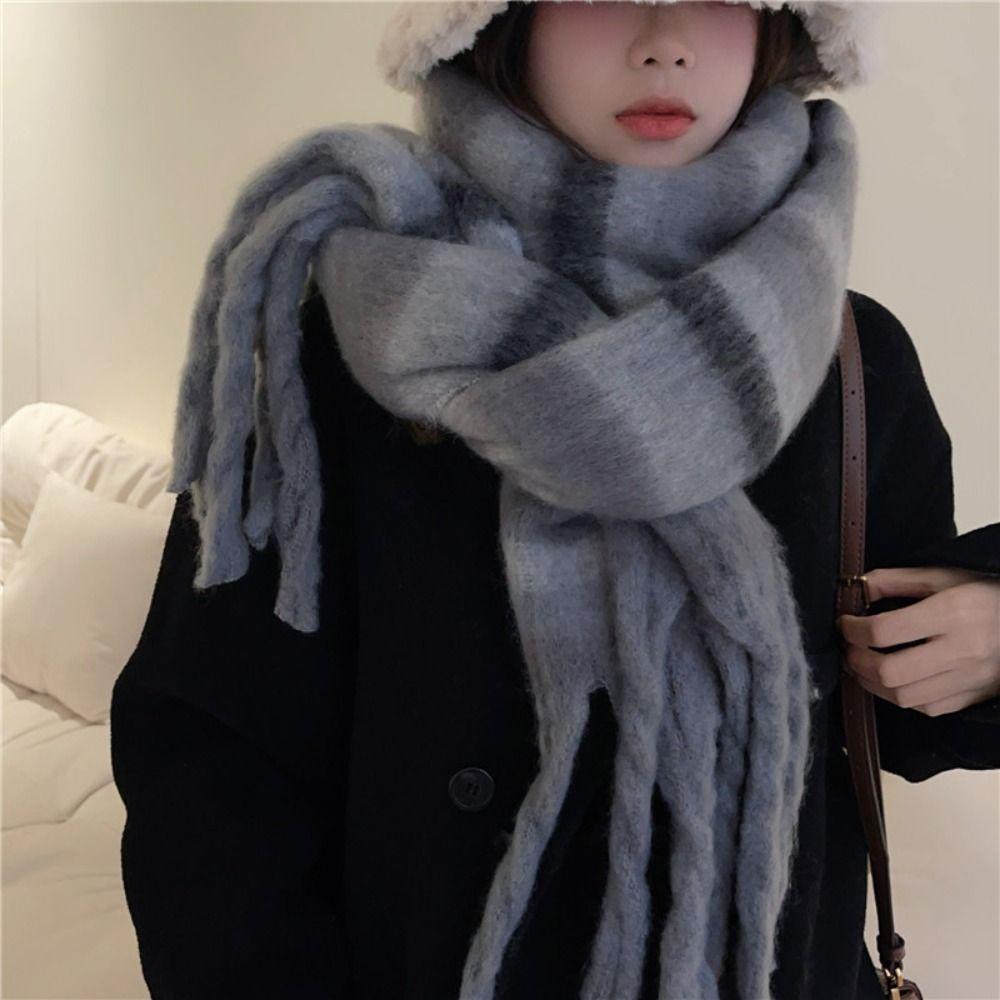 Warm Winter Cashmere Scarf Stripe Pattern Thickened Shawl Wrap New Long Tassel Scarves Women