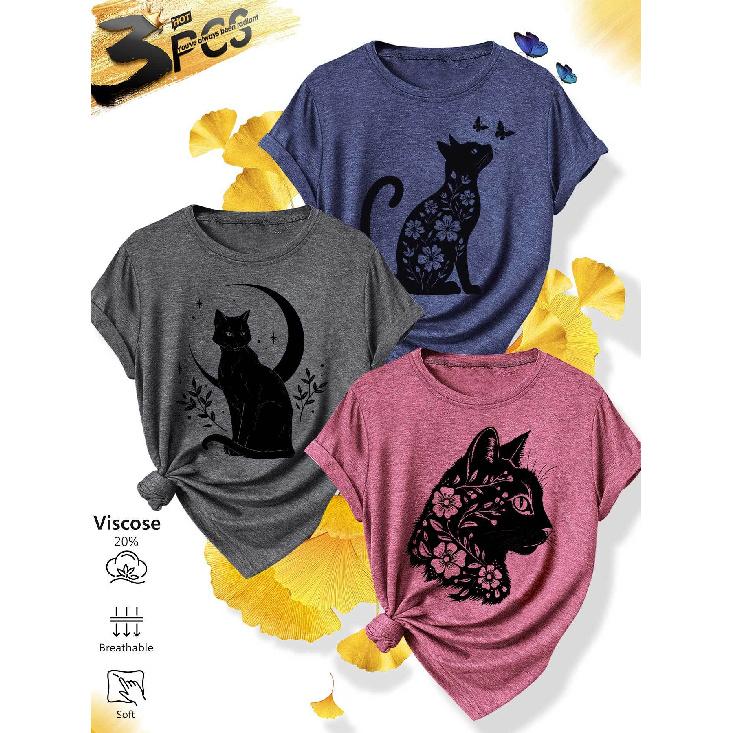 3Matching outfits for sisters' family gatherings Floral silhouette cat forest print casual round neck fresh casual versatile round neck soft knitted