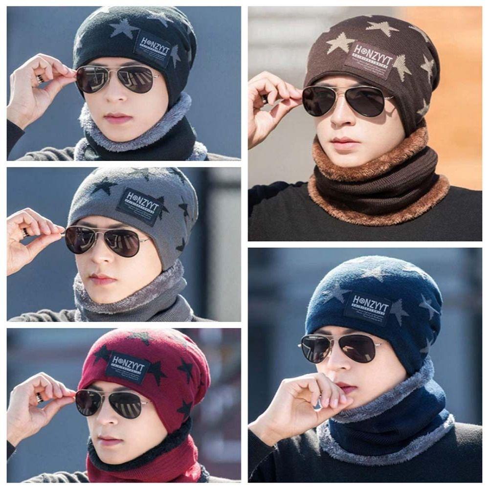 Plush Men's Beanie Cap Star Neck Scarf Hat Fashion Winter Hat Scarf Set Female/Male