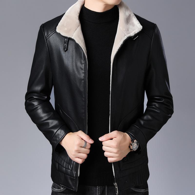 A New Winter Men's Casual Long-sleeved Leather Coat, Fashionable Lapel Trend Coat, Thickened and Warm