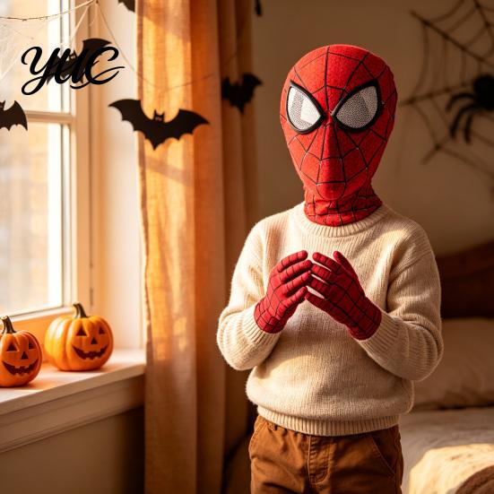 Movie Character Role Play Outfit Superhero Cosplay Mask with Gloves, Web Pattern Full Face Headgear, Elastic Halloween Party Jumpsuit Hood Zipper,