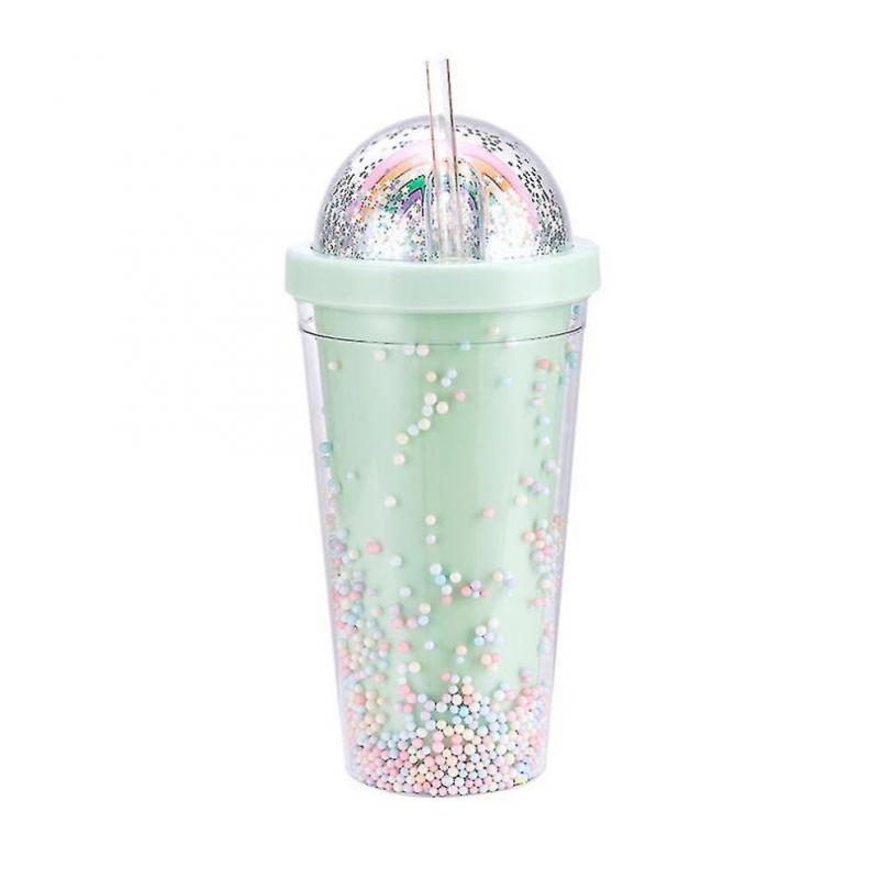 550ml Rainbow Plastic Water Bottle Double Layer Sequins Drinking Cup With Straw Women Girl Gift Green