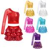 Girls Dance Performance Set Sequin Mesh Top One Shoulder Long Sleeve Crop & Tiered Ruffle Culotte Shorts
