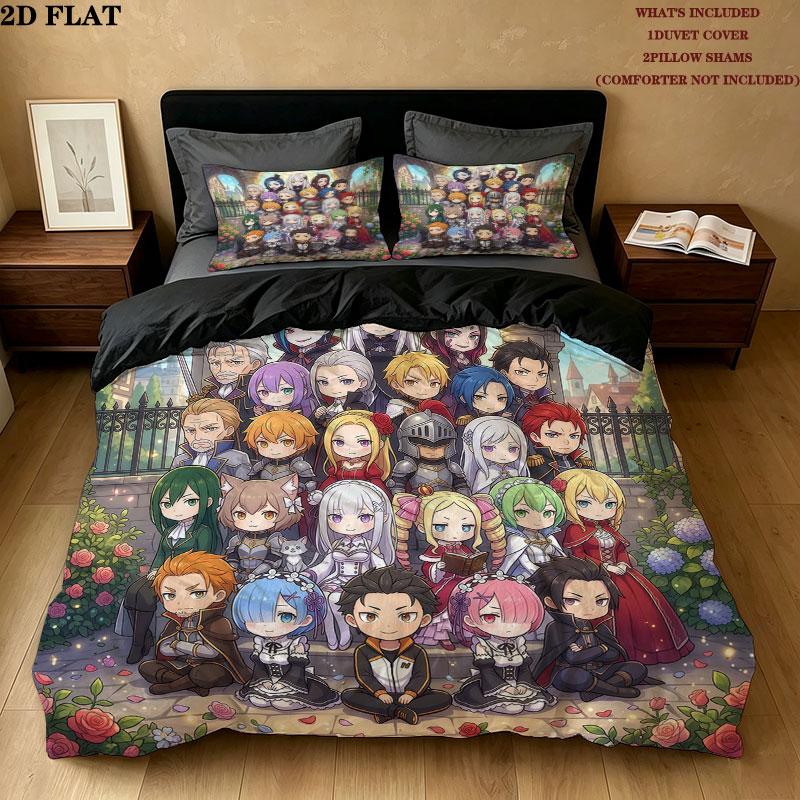 Re Zero Pattern Bedding Quilt Set Quilt Cover Pillowcase Home Birthday Gift(1 * duvet cover + 2 * pillowcase, without core)