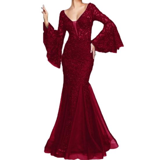 Женское вечернее платье с V-образным вырезом, прозрачной кружевной вышивкой, расклешенными рукавами, бальное платье А-силуэта, подол «рыбий хвост», облегающее коктейльное вечернее платье, выпускной, банкетное платье макси