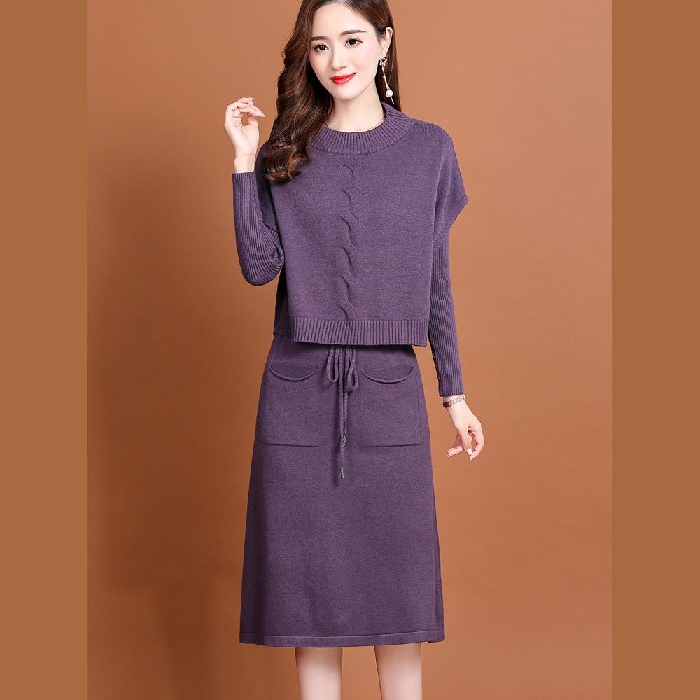 Вязаное платье для женской осени и зимы в корейском стиле с приталенным силуэтом, комплект из двух частей, свитер, однотонное, с длинным рукавом, повседневное платье-свитер