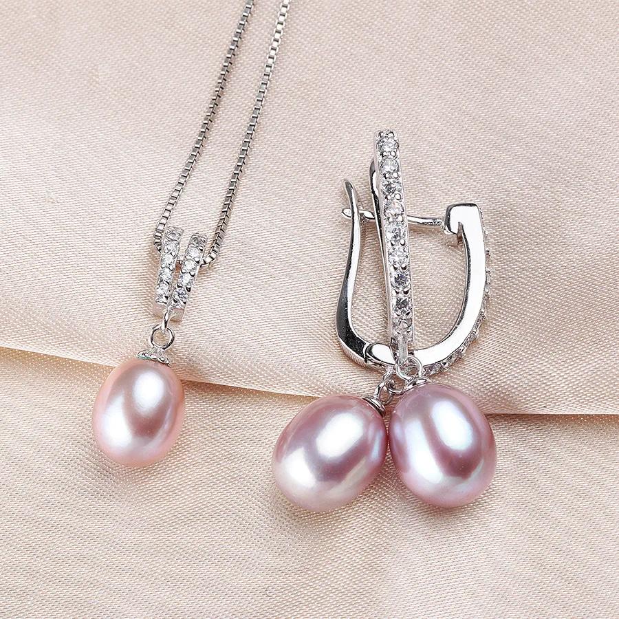 YWYC Horseshoe 8-9mm Rice Freshwater Pearl Earrings&Necklaces Jewelry Set for Women 925 Silver 45cm Pendant Necklace