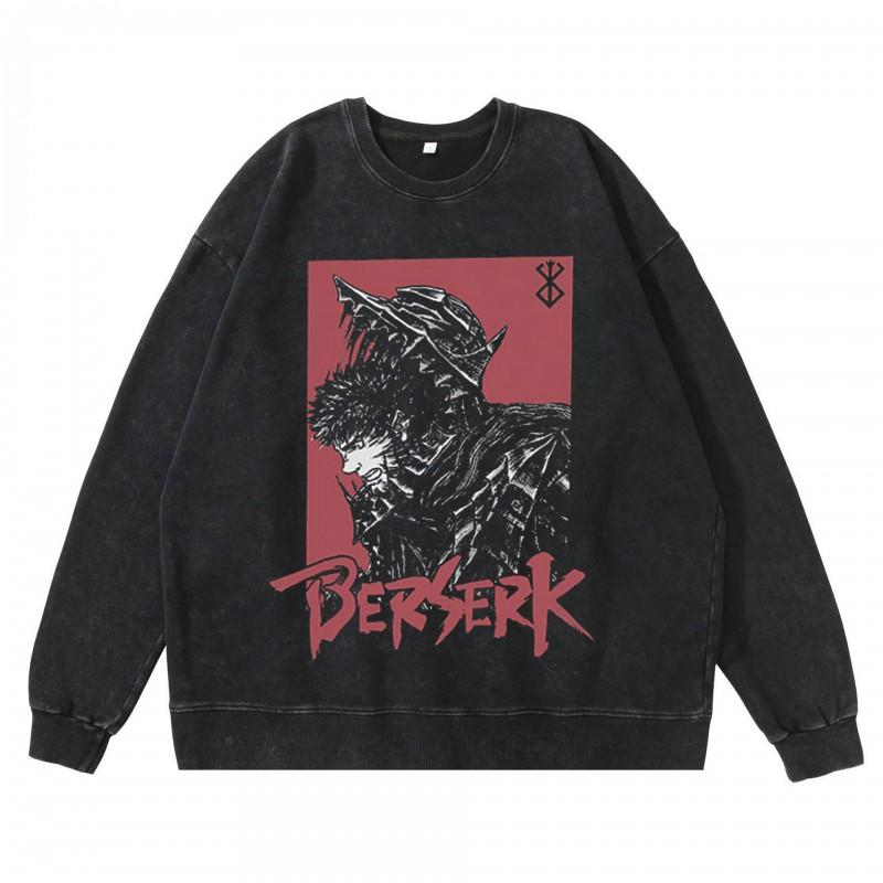 Heavyweight 360g Washed Vintage Berserk Anime Streetwear Cotton Pullover Hoodie-Free Crewneck Sweatshirt Men