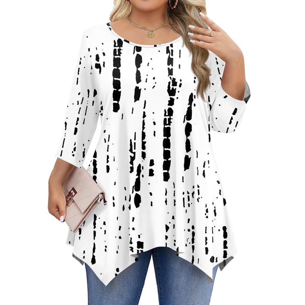 Womens Plus Size 3/4 Sleeve Shirts Round Neck Tunic Tops Basic Loose Fit Tee Tops L-5XL