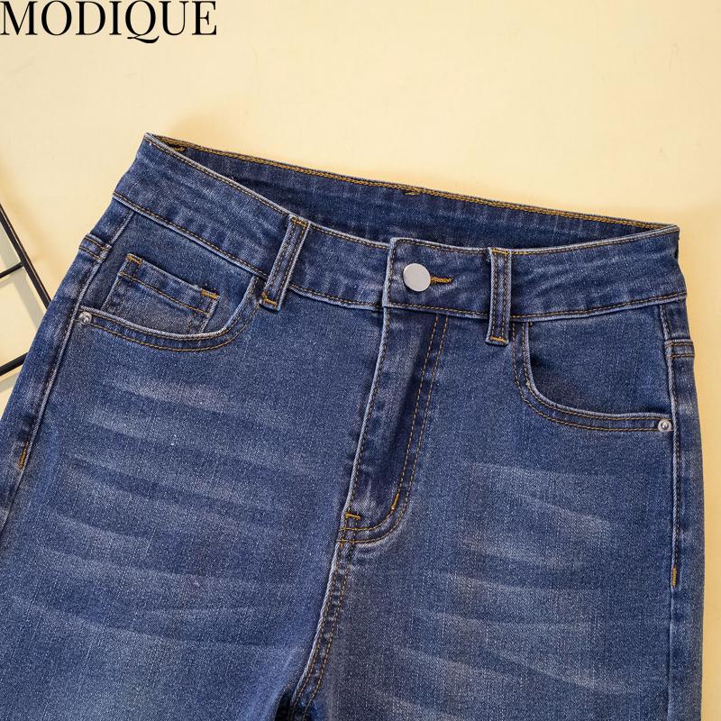 MODIQUE, весенние большие размеры, новые женские свободные винтажные прямые эластичные длинные джинсы с высокой талией, женские повседневные универсальные брюки, брюки