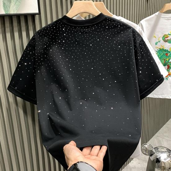 Летняя мужская футболка с декором из стразов, круглый вырез, свободный чистый цвет, пуловер с короткими рукавами, повседневная повседневная одежда средней длины, спортивный топ
