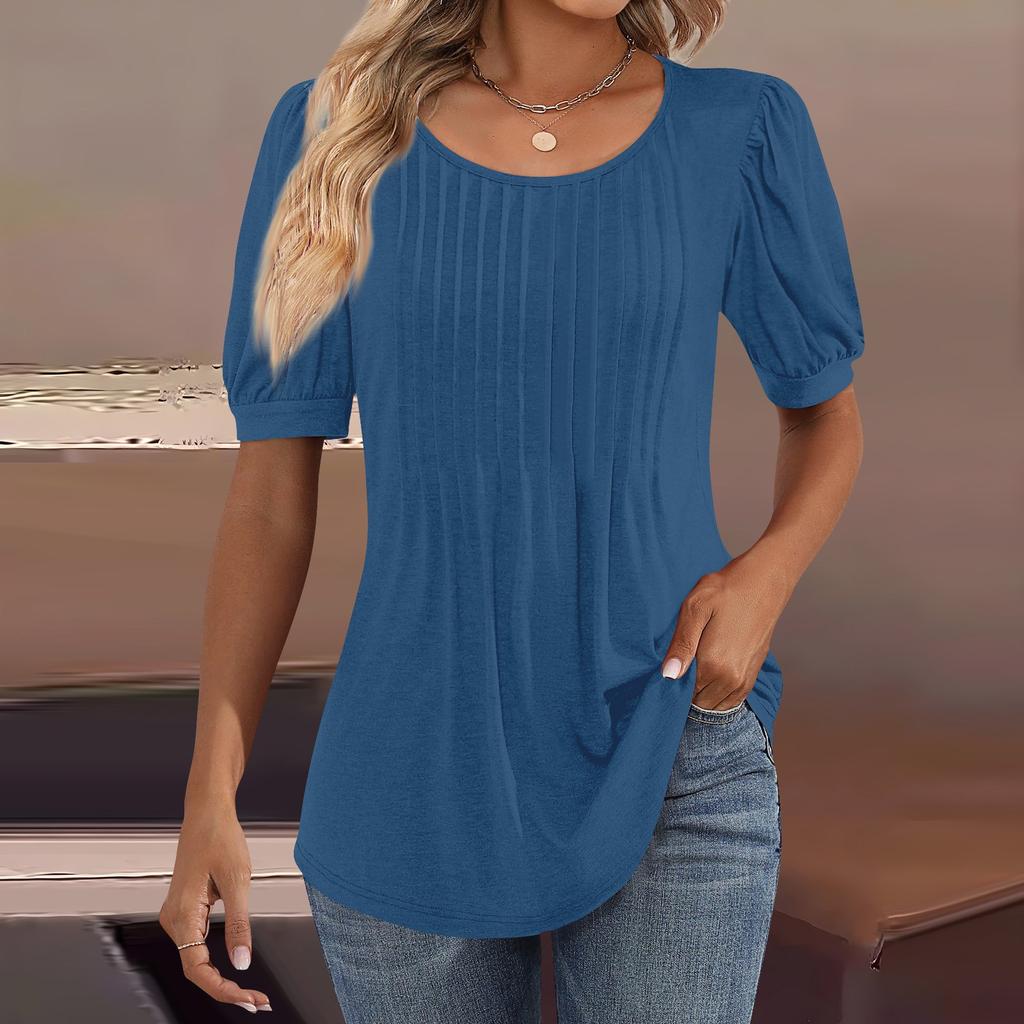 Женские пышные туники с короткими рукавами, топы, плиссированные блузки с воротником, повседневные свободные весенне-летние футболки