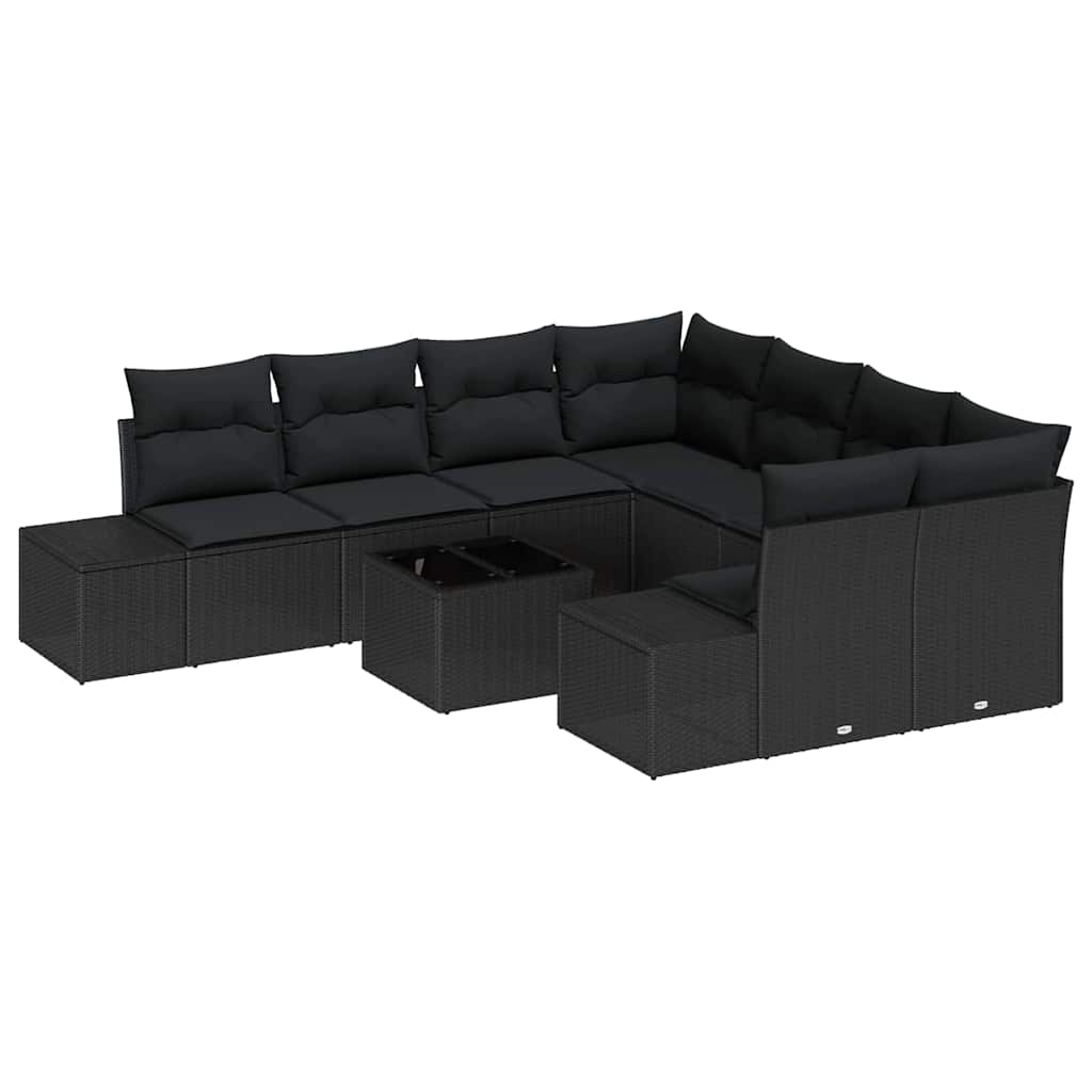 9 Piece Sofa Set with Cushions Black Poly Rattan
