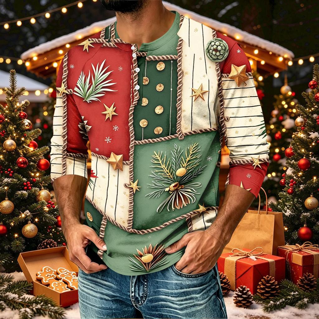 Мужская повседневная футболка с рукавом три четверти и рождественским принтом