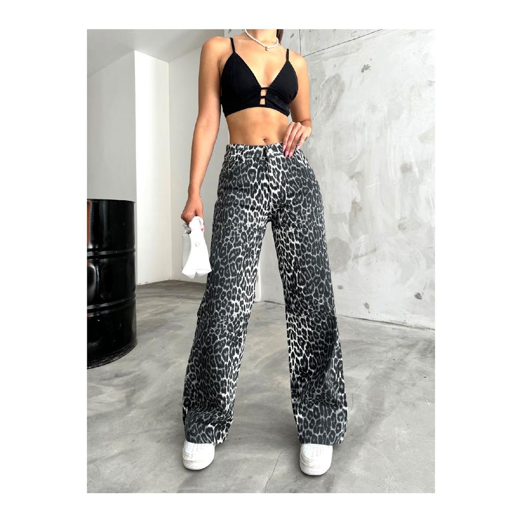 Women's Leopard Patterned High Waist Wide Leg Lycra Palazzo Pants