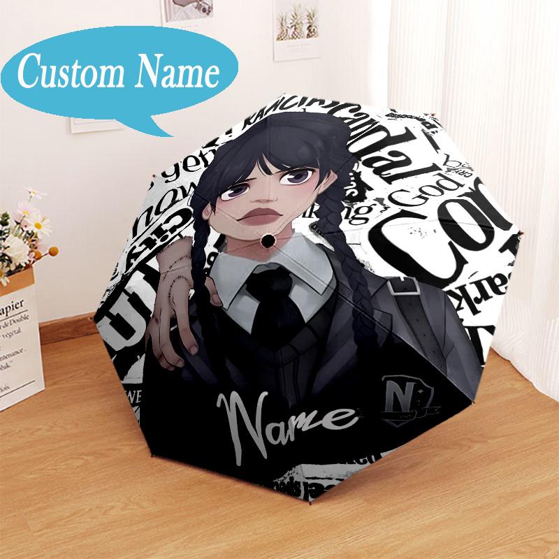 Custom Name Wednesday Umbrella Folding Umbrella, Automatic Umbrella 8-Frame for Travel, Casual Lightweight Birthday Christmas gift