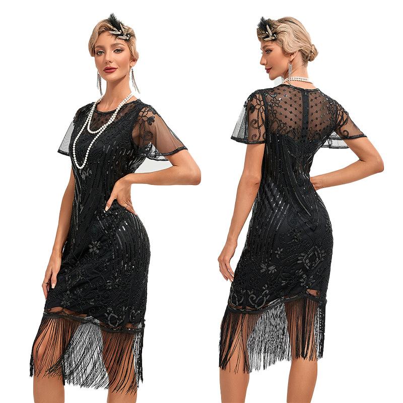 1920S Retro Ball Embroidered Tassel Dress Party Large Size Sequined Beaded Mesh Dress