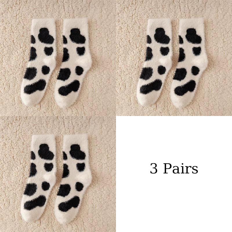 3 Pairs Cute Cow Spots Print Sock Thickened Warm Coral Fleece Women's Socks