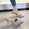 Women High Heel Shoes 2025 Fur Slippers Mules Pointed Toe Furry Slides Fashion Elegant Luxury Designer Flip Flops Office Pumps
