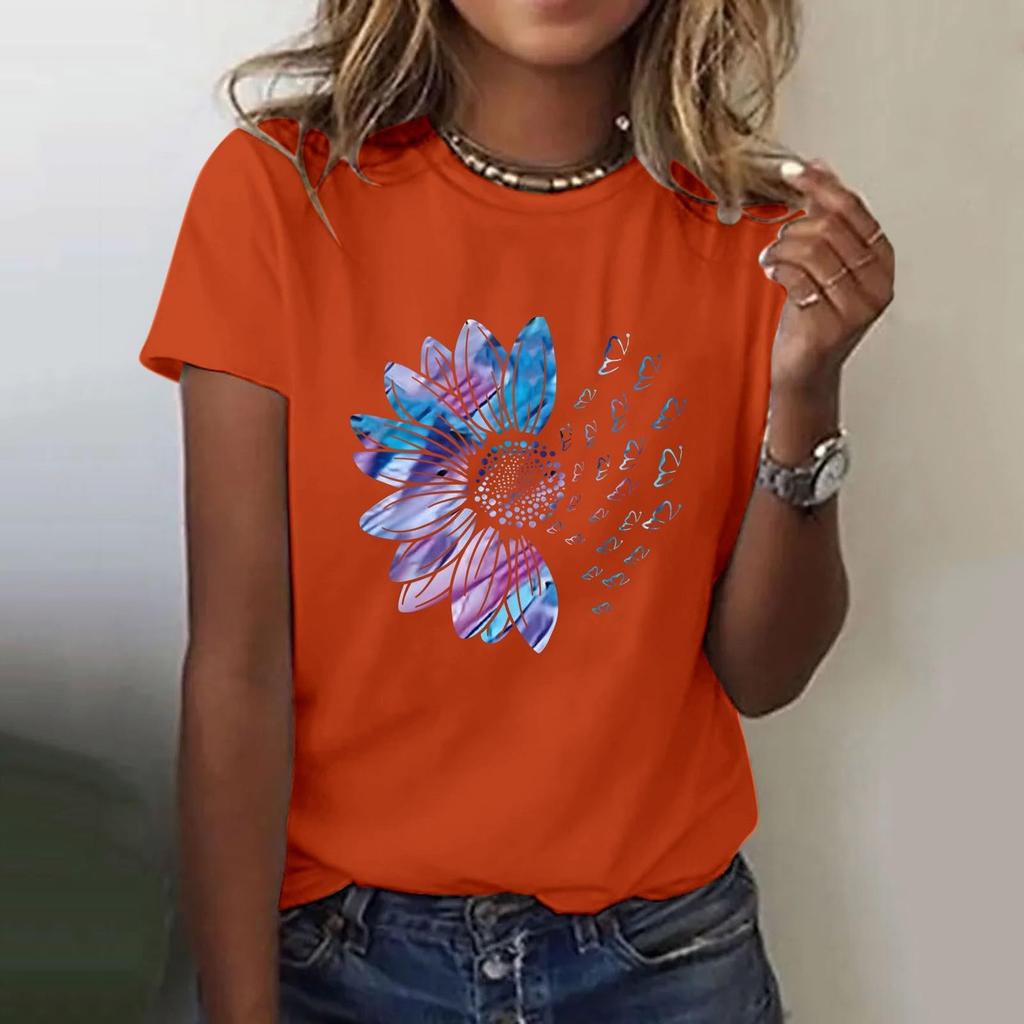 Женская повседневная футболка с короткими рукавами и круглым вырезом с цветочным принтом Топ