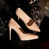 New, Waterproof Table High Heels Women's Pointed Toe Thin Heel Etiquette Single Shoes Commuter Work Shoes Simple and Not Tiring
