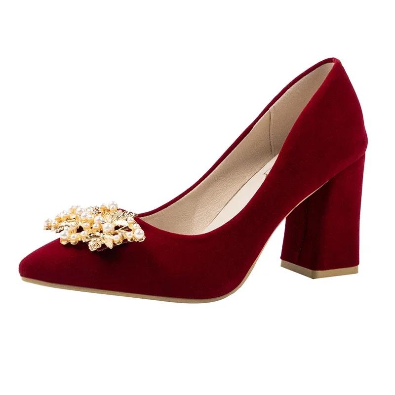 Fashion Spring/Summer/Autumn Wedding Shoes Women's Thick Heels 2024 New Bride Red Suede Wedding Shoes