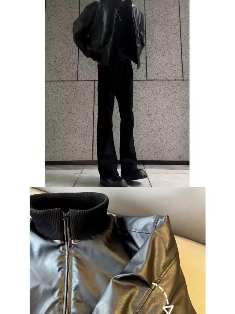 Мужская повседневная бейсбольная куртка в американском стиле - Искусственная кожа, Плотный хлопковый утеплитель