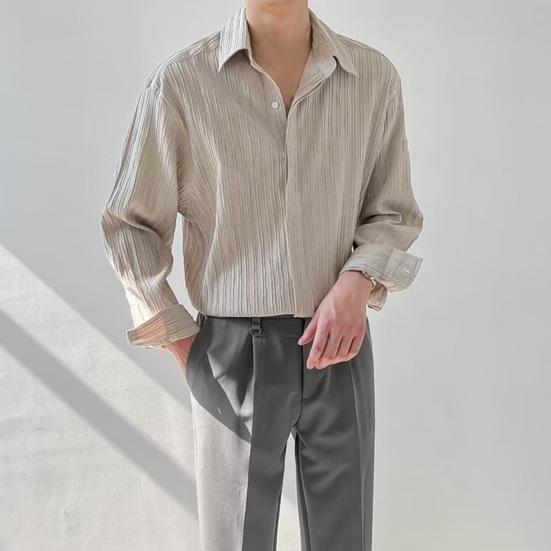 Летняя мужская рубашка с отложным воротником и длинными рукавами, плиссированный однобортный свободный однотонный кардиган на пуговицах, тонкий деловой офис