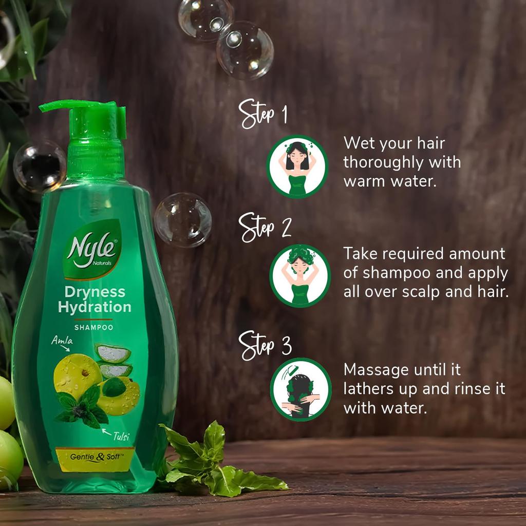 Nyle Naturals Dryness Hydration Shampoo With Tulsi Amla Aloe Vera For Smooth Hair pH Balanced Paraben Free Gentle Care 800ml