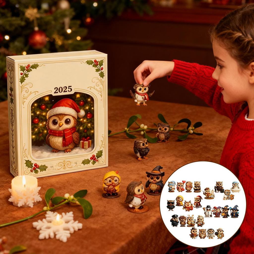 2025 Рождественский календарь обратного отсчета 2D Плоский акриловый орнамент на животную тематику 24 дня Совиный орнамент Календарь обратного отсчета для мужчин женщин