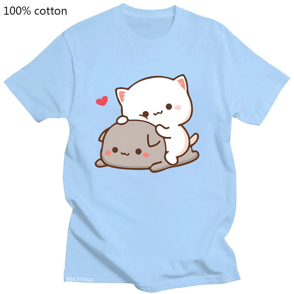 Peach Cat Goma and Mochi T-shirt New Summer Style T Shirt Femme Cute Print Women Tee-shirt Fashion Harajuku Couple 100% Cotton