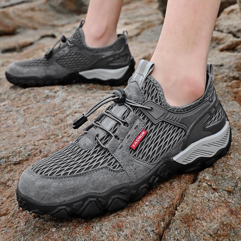 Men’s Outdoor Hiking Shoes Grey Driving Shoes Casual Slip on Summer Black Mesh Shoes Plus Size 45 46