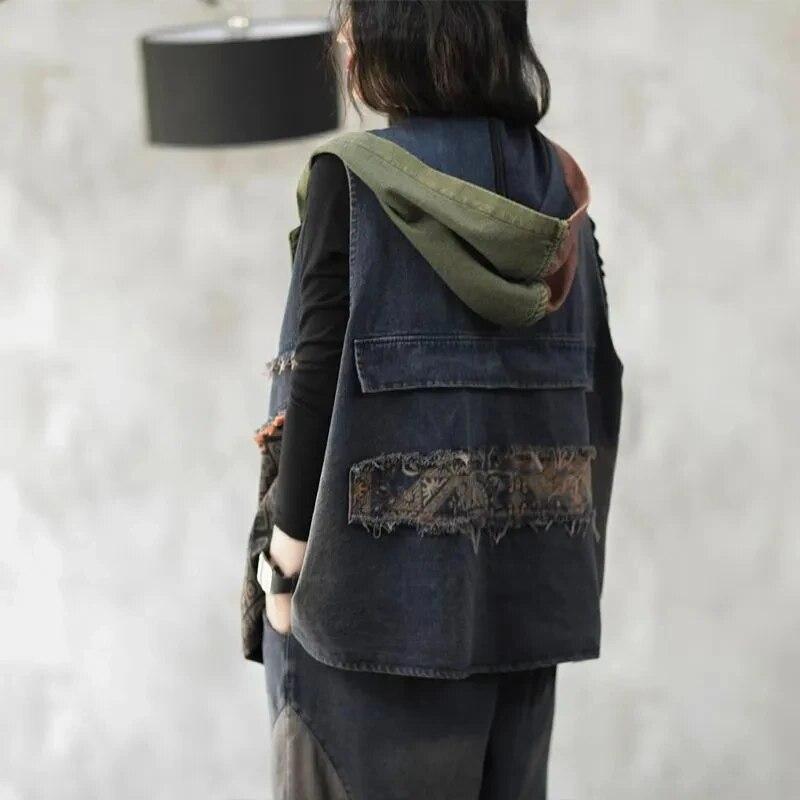Women's Fall Hooded Splicing Loose Denim Vest Literary Retro Double Pocket Washed Jacket