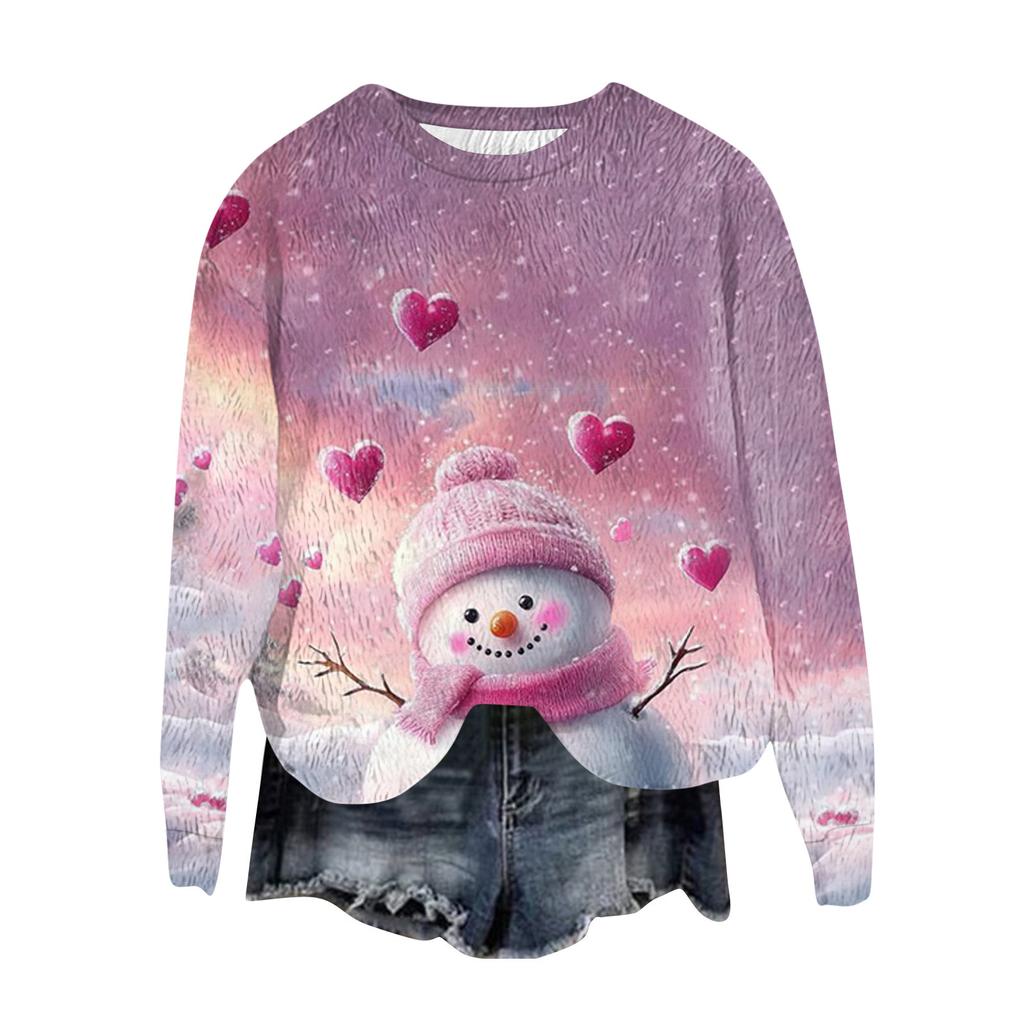Women's Fashion Round Neck Pullover Top Long Sleeve Tee Christmas Printed Sweatshirt