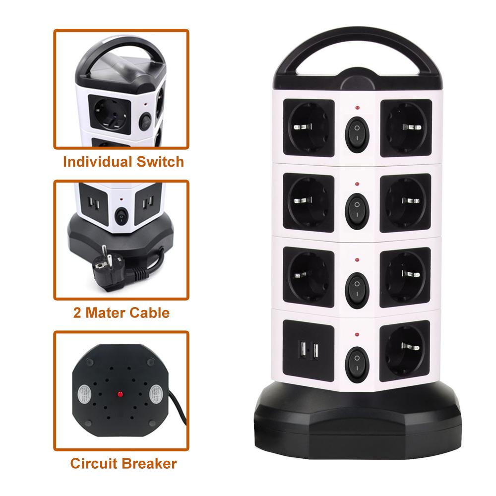 Tessan Удлинитель Tower, вертикальная защита от перенапряжений, 6/10/14 розеток европейского стандарта с защитой от перегрузки USB, удлинитель 2 м