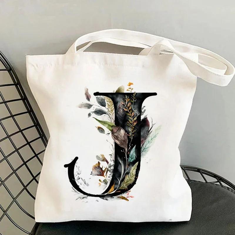 26 Черных Холщовых Сумок-Тоут с Цветами Алфавита для Женщин, Большой Вместимости, Повседневная Новая Сумка для Шопинга с Принтом, Многоразовая Эко-Сумка, Большая