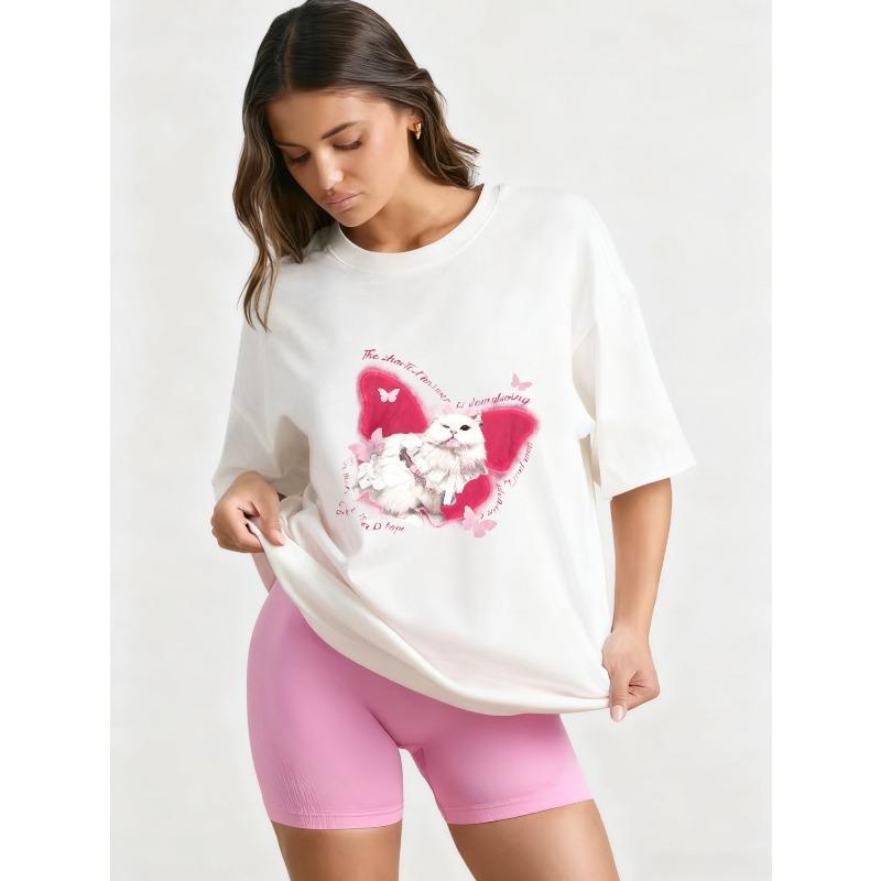 Oversized T Shirt Black Cat With Pink Wings And Butterflies Print For Casual Wear