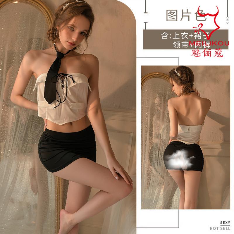 Sex private house sexy chest wrap backless passion uniform super short hip skirt perspective secretary suit