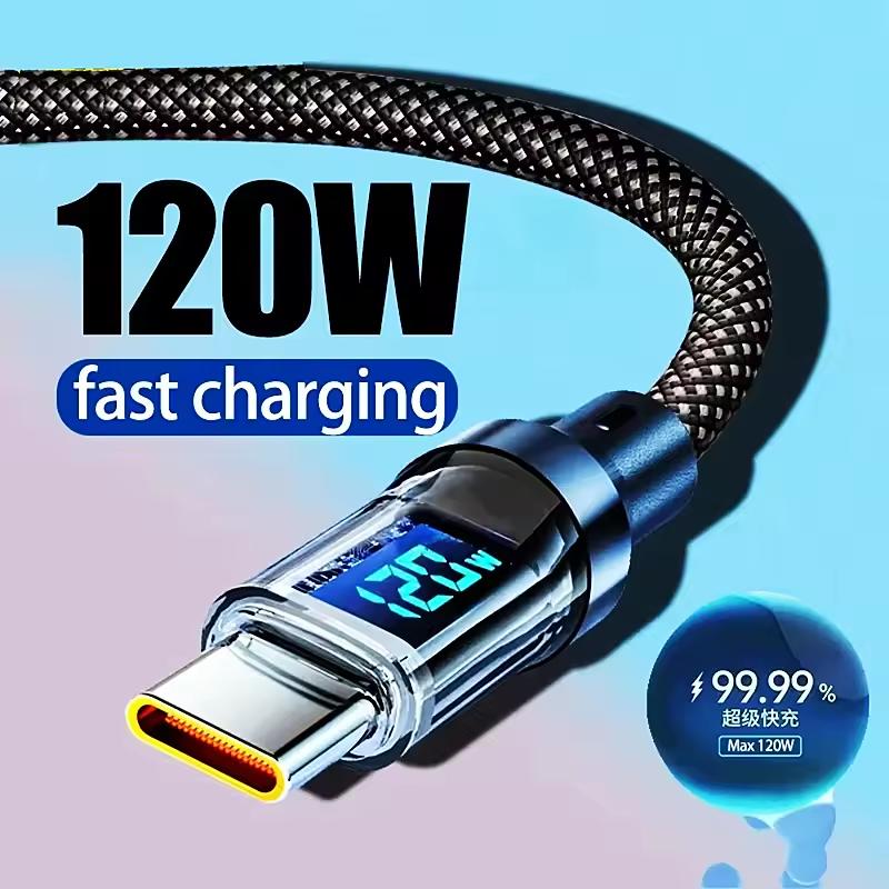 120 Вт USB на Type C Кабель для передачи данных Светодиодный дисплей 100 Вт Двойной USB C Быстрая зарядка Кабель для передачи данных 1/1,5/2 м Портативный PD Быстрая зарядка Линия Для дома